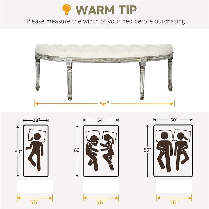 Semi-Circle Tufted Design End of Bed Bench with Rubber Wood Legs