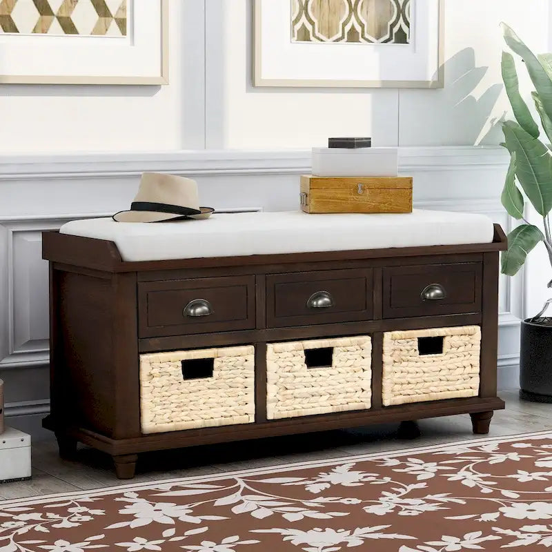 Rustic Storage Shoes Bench with 3 Drawers and 3 Rattan Baskets