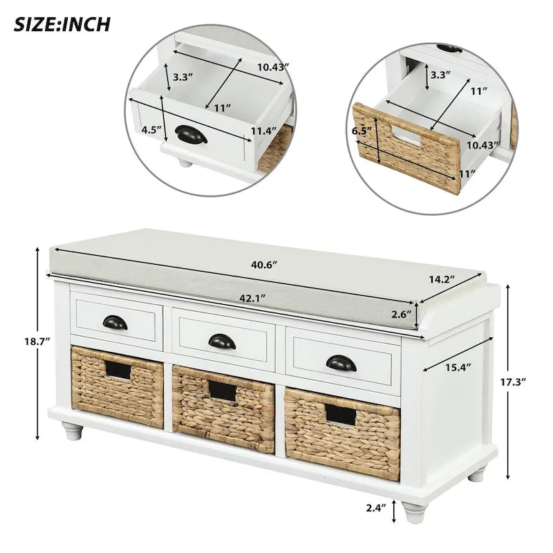 Rustic Storage Shoes Bench with 3 Drawers and 3 Rattan Baskets