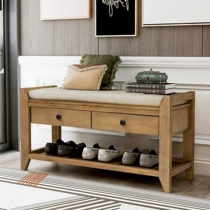 Multipurpose Storage Shoe Bench with Cushioned Seat and Drawers