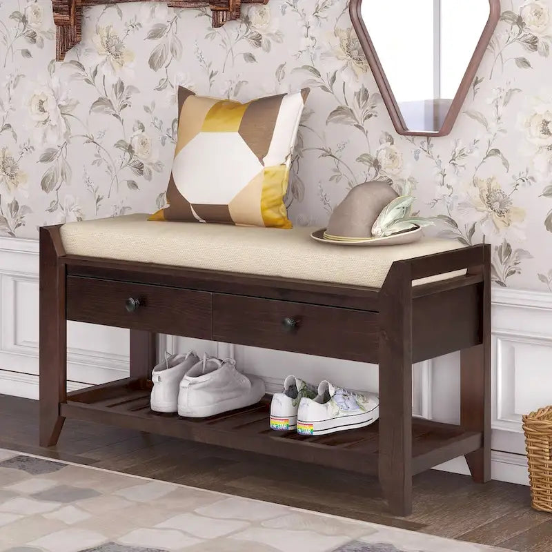 Multipurpose Storage Shoe Bench with Cushioned Seat and Drawers