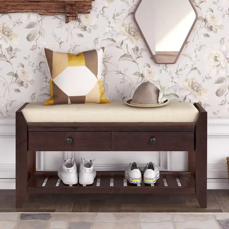 Multipurpose Storage Shoe Bench with Cushioned Seat and Drawers