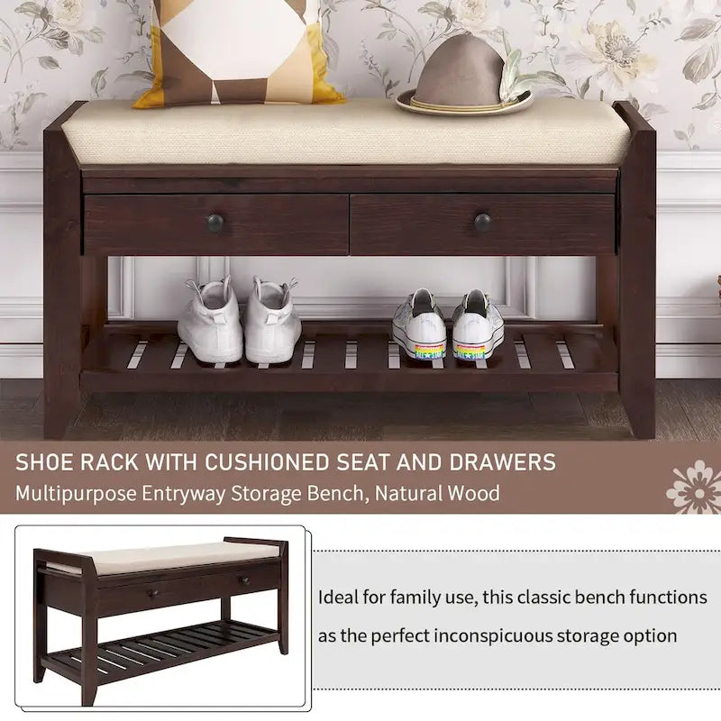 Multipurpose Storage Shoe Bench with Cushioned Seat and Drawers