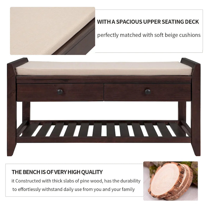 Multipurpose Storage Shoe Bench with Cushioned Seat and Drawers