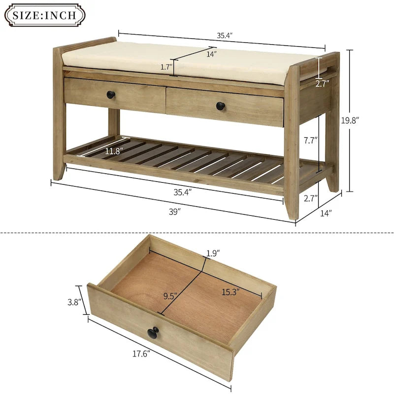 Multipurpose Storage Shoe Bench with Cushioned Seat and Drawers