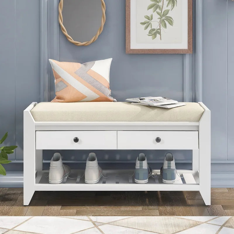 Multipurpose Storage Shoe Bench with Cushioned Seat and Drawers