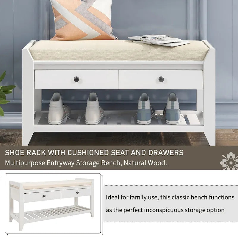 Multipurpose Storage Shoe Bench with Cushioned Seat and Drawers