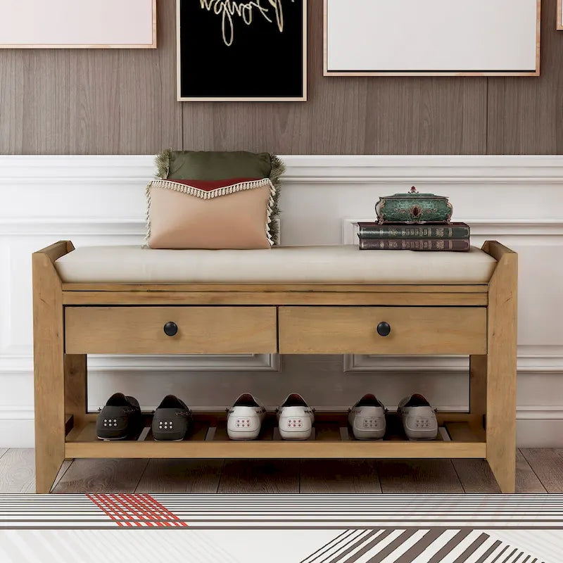 Multipurpose Storage Shoe Bench with Cushioned Seat and Drawers
