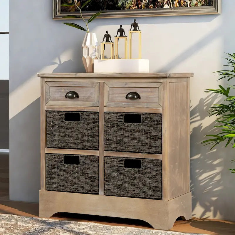 Rustic Storage Cabinet with Two Drawers and Four Classic Rattan Basket for Dining Room/Living Room