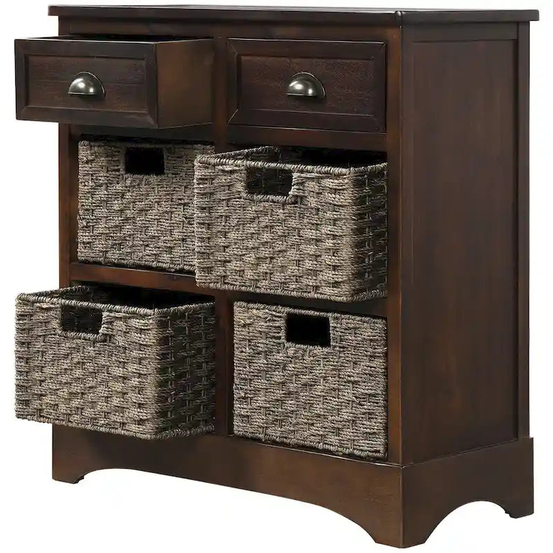 Rustic Storage Cabinet with Two Drawers and Four Classic Rattan Basket for Dining Room/Living Room