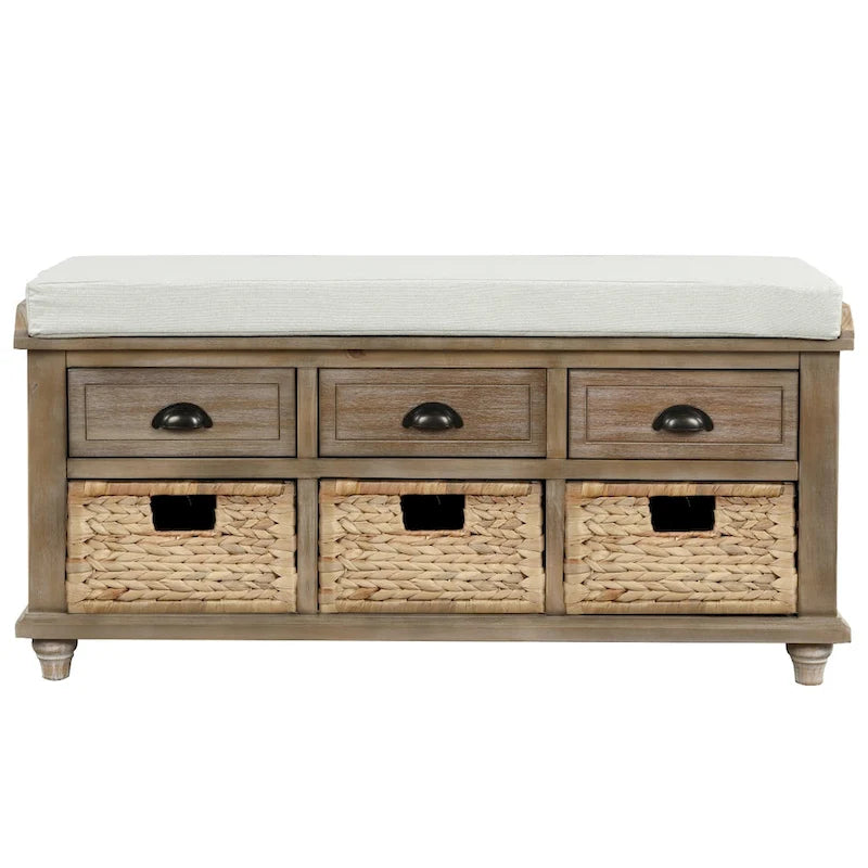 Rustic Storage Bench with 3 Drawers and 3 Rattan Baskets, Shoe Bench for Living Room, Entryway