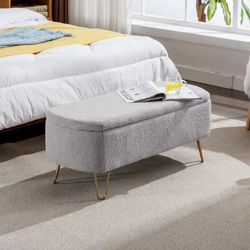 Storage Ottoman Bench for End of Bed Gold Legs, Faux Fur Entryway Bench Upholstered Padded with Storage for Living Room Bedroom