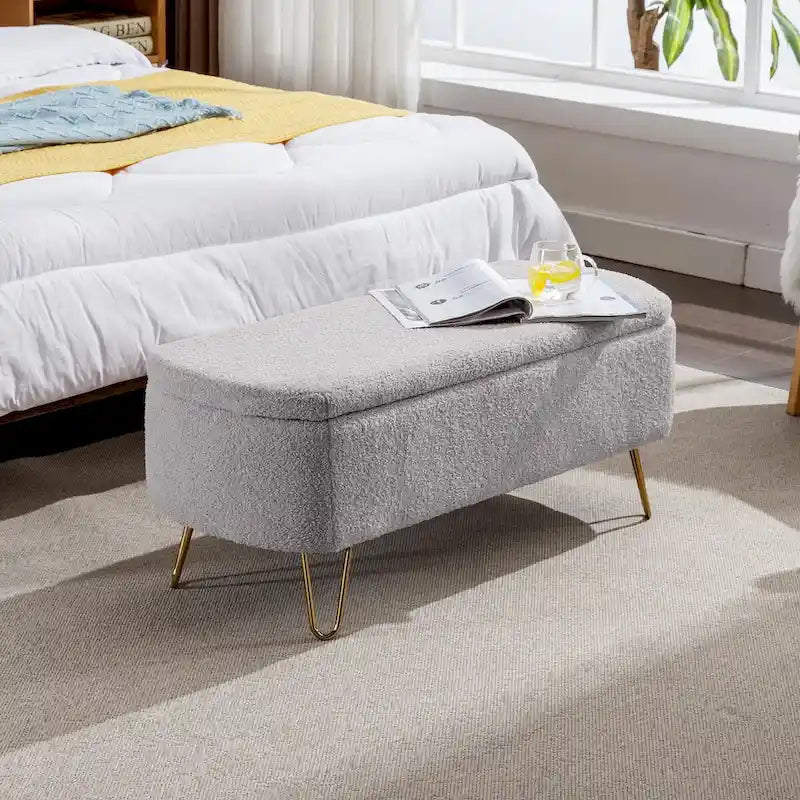 Storage Ottoman Bench for End of Bed Gold Legs, Faux Fur Entryway Bench Upholstered Padded with Storage for Living Room Bedroom
