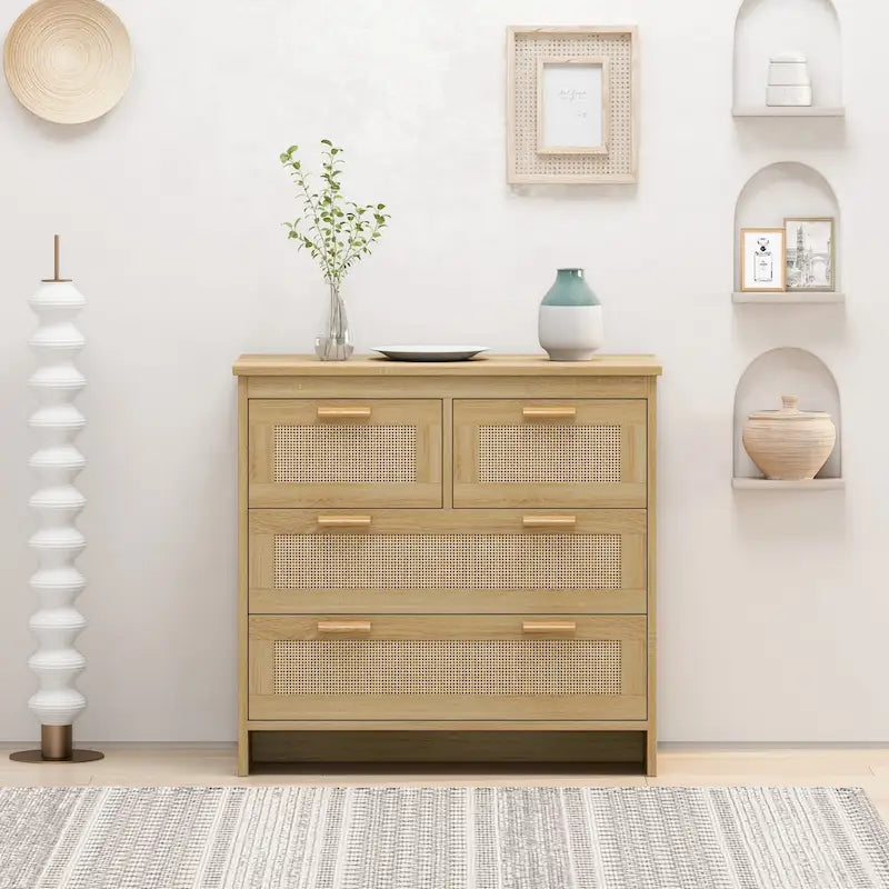 4 Drawers Rattan Cabinet,for Bedroom,Living Room,Dining Room,Hallways,Easy Assembly