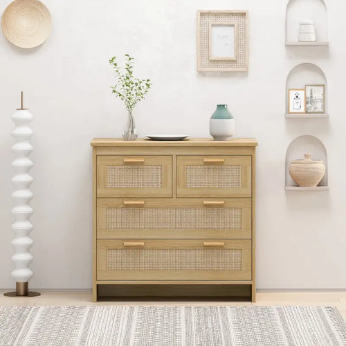 4 Drawers Rattan Cabinet,for Bedroom,Living Room,Dining Room,Hallways,Easy Assembly