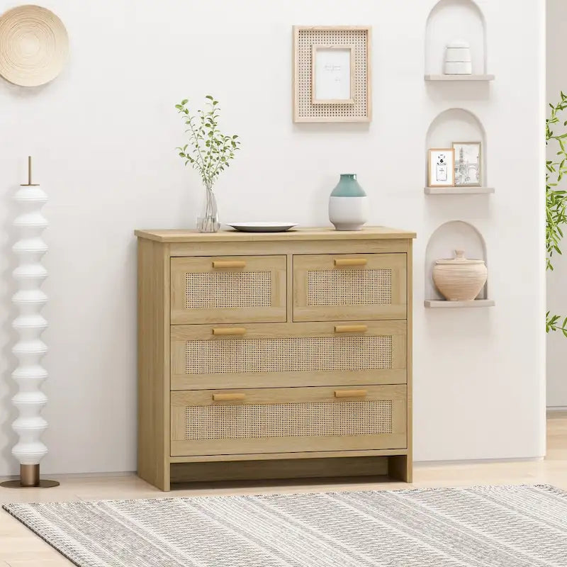 4 Drawers Rattan Cabinet,for Bedroom,Living Room,Dining Room,Hallways,Easy Assembly