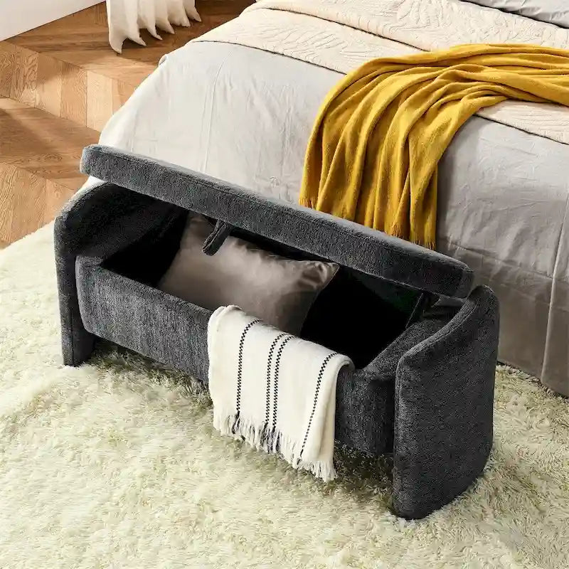 Oval Ottoman Storage Chenille Fabric Bench with Large Storage Space