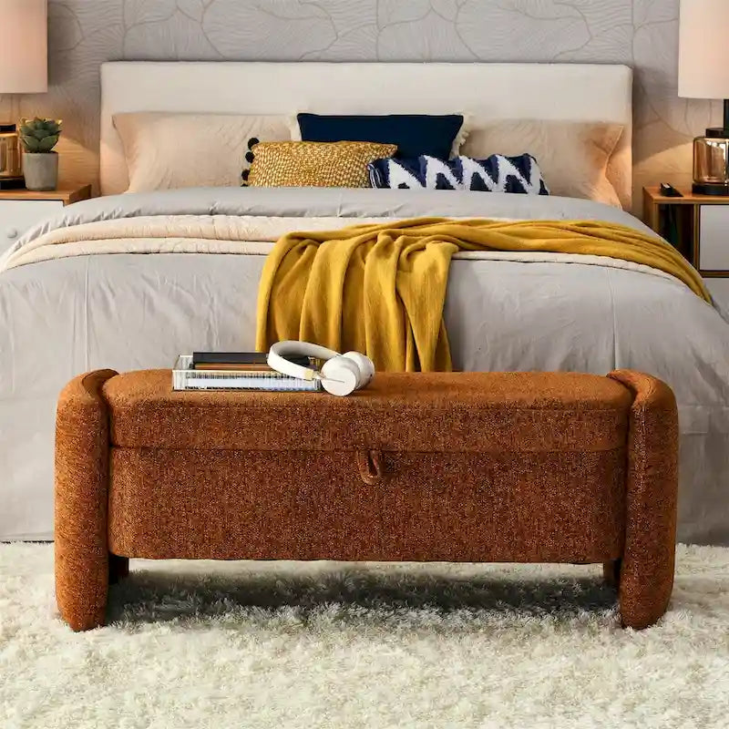 Oval Ottoman Storage Bench Chenille Fabric Bench w/Large Storage Space