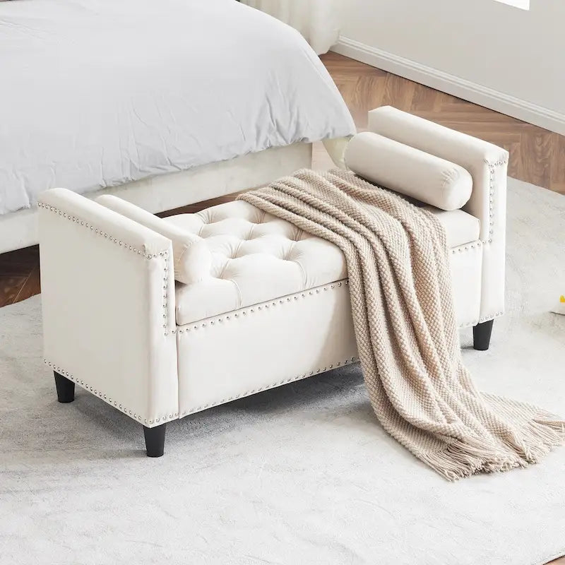 44.5 Velvet Button Storage Bench with Armrests and Nailhead Trim
