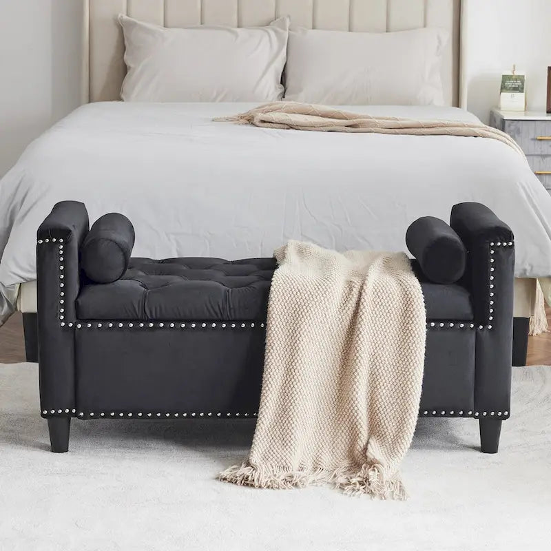 44.5 Velvet Button Storage Bench with Armrests and Nailhead Trim