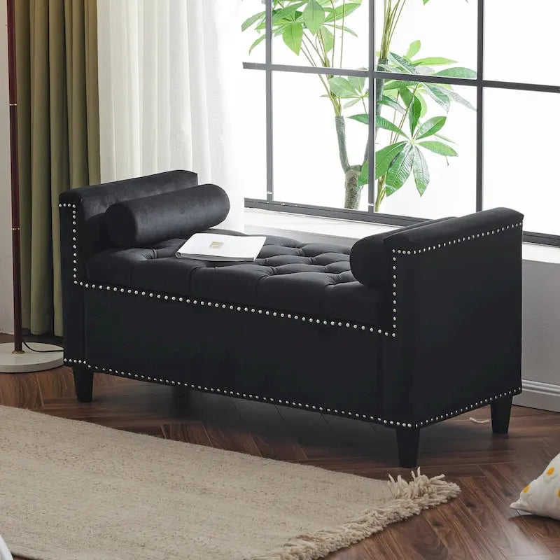 44.5 Velvet Button Storage Bench with Armrests and Nailhead Trim