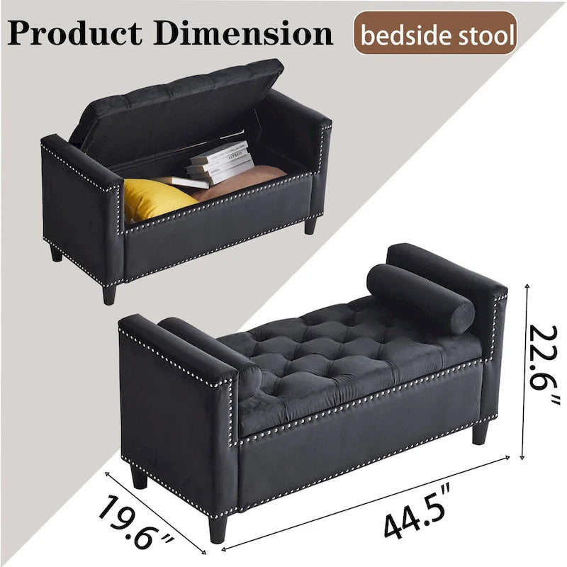 44.5 Velvet Button Storage Bench with Armrests and Nailhead Trim