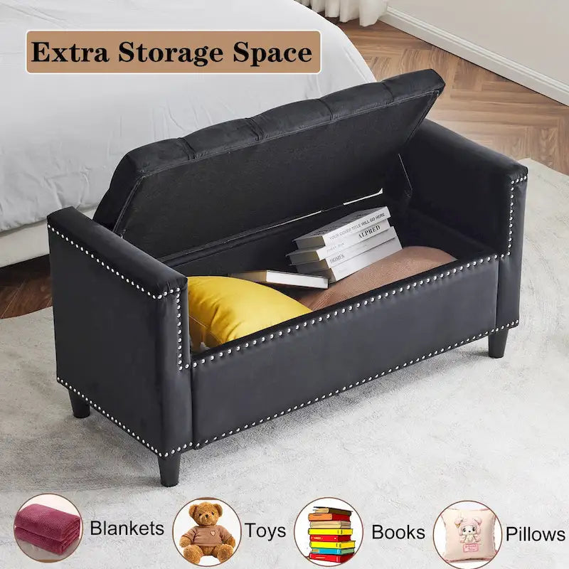 44.5 Velvet Button Storage Bench with Armrests and Nailhead Trim