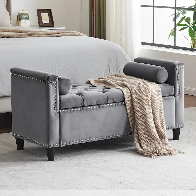 44.5 Velvet Button Storage Bench with Armrests and Nailhead Trim