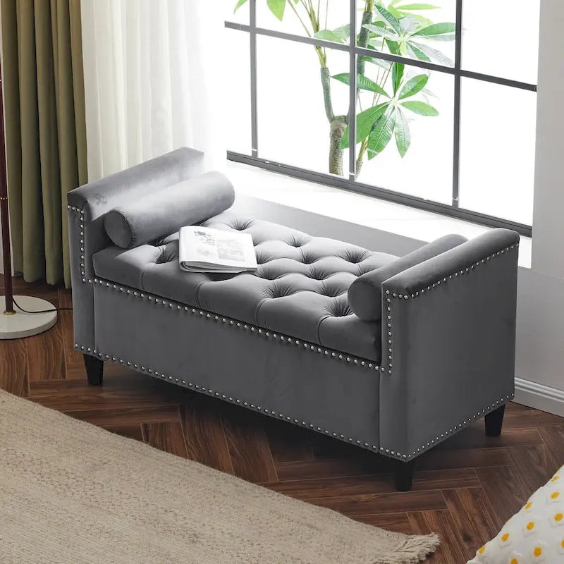 44.5 Velvet Button Storage Bench with Armrests and Nailhead Trim