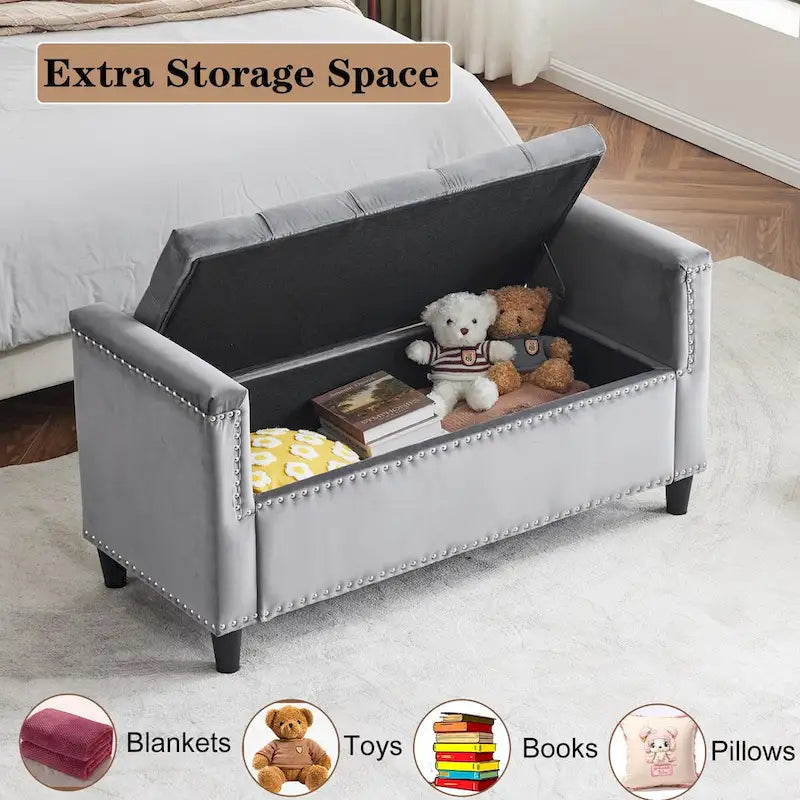44.5 Velvet Button Storage Bench with Armrests and Nailhead Trim