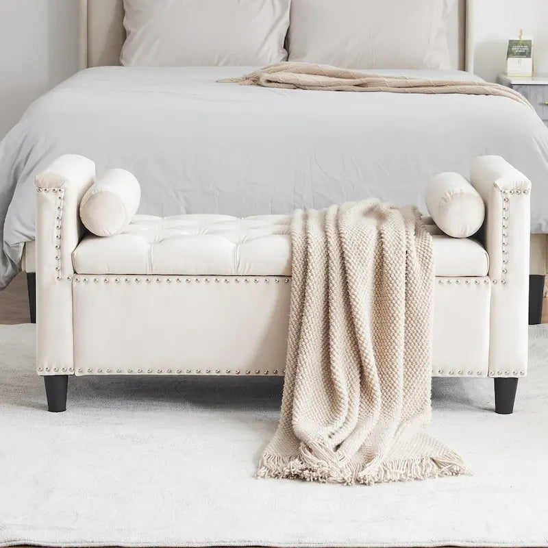 44.5 Velvet Button Storage Bench with Armrests and Nailhead Trim