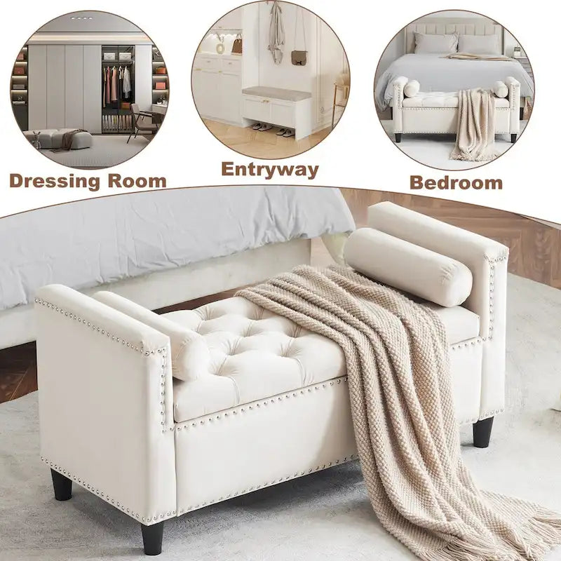 44.5 Velvet Button Storage Bench with Armrests and Nailhead Trim