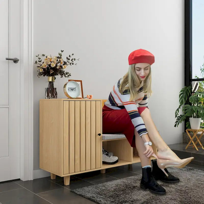 Functional Hallway Storage Ensemble with Houndstooth Cushion Bench