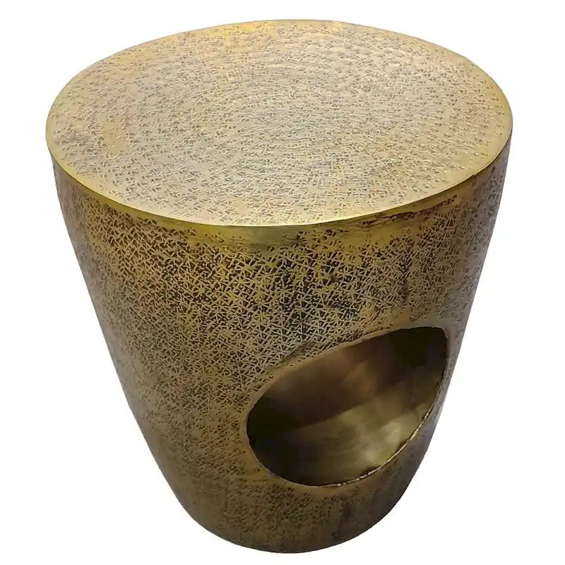 Nala 17 Inch Side End Table, Tapered Drum Shape with Unique Hollow Center, Antique Brass Aluminum