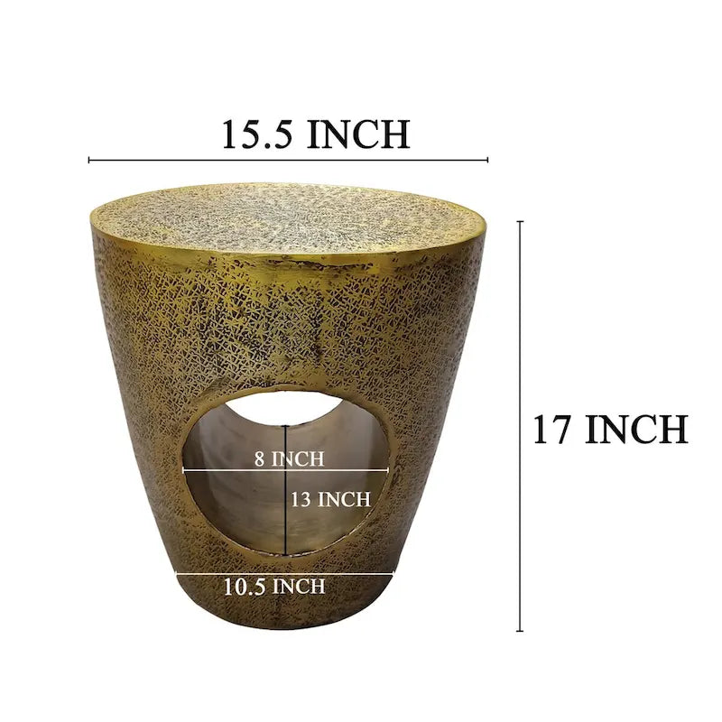 Nala 17 Inch Side End Table, Tapered Drum Shape with Unique Hollow Center, Antique Brass Aluminum