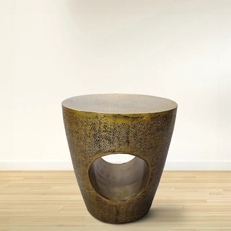 Nala 17 Inch Side End Table, Tapered Drum Shape with Unique Hollow Center, Antique Brass Aluminum