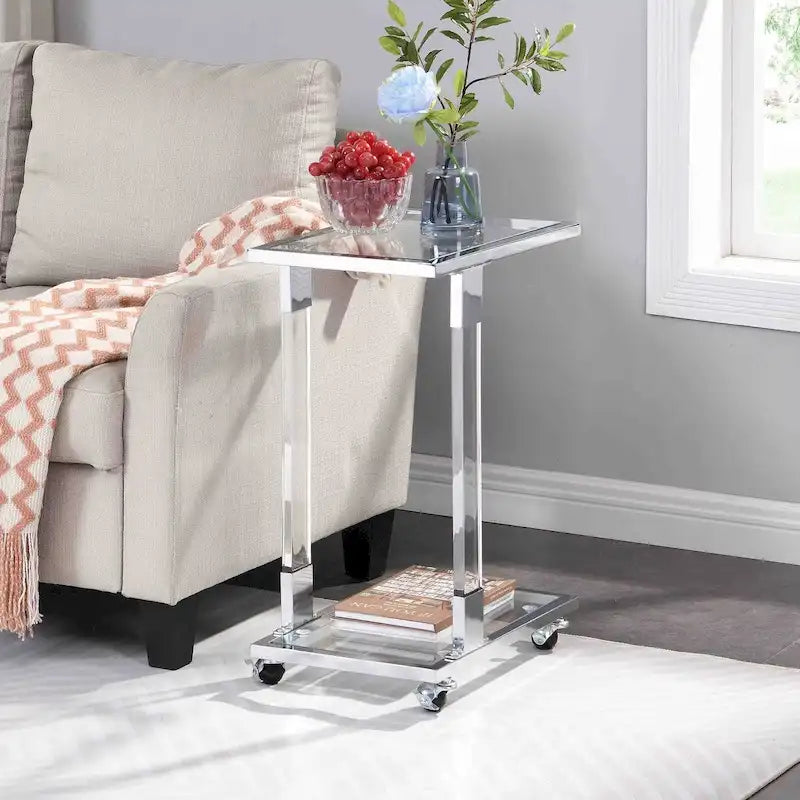 Glass Side Table, Acrylic End Table, Glass Top C Shape Square Table with Metal Base