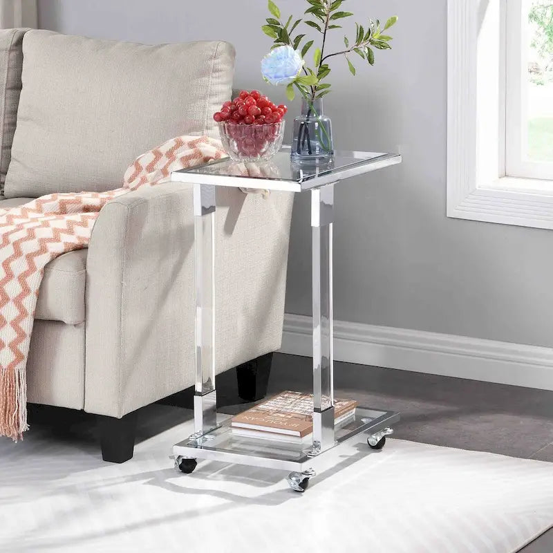 Glass Side Table, Acrylic End Table, Glass Top C Shape Square Table with Metal Base