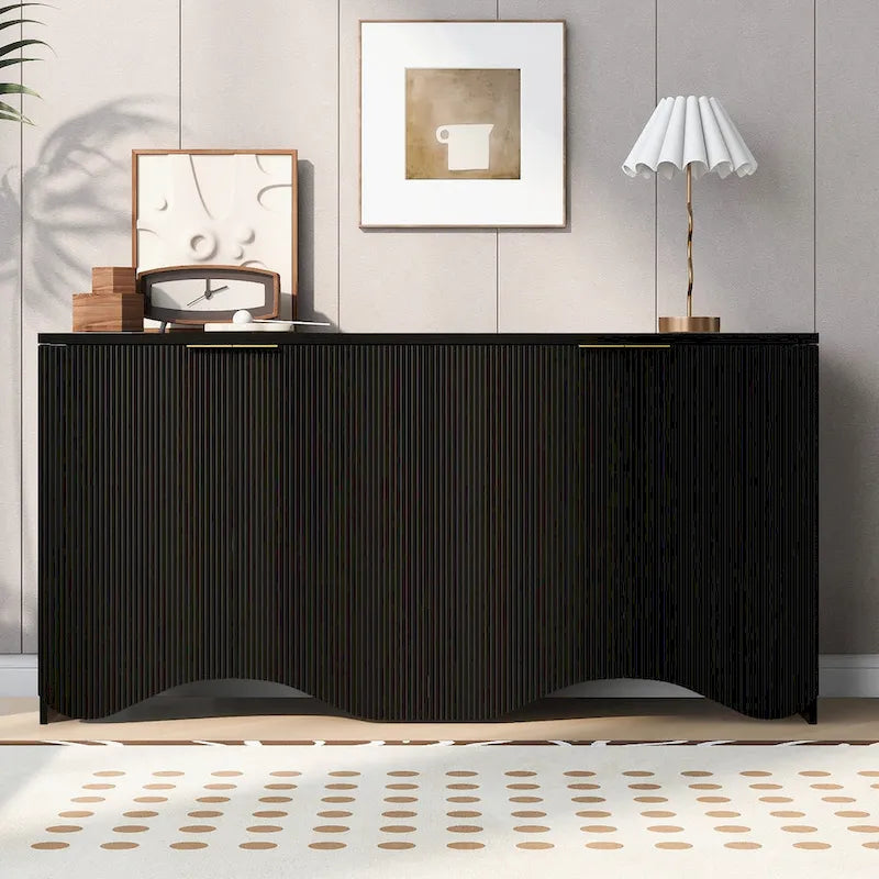 Vertical Stripes and Wavy Design of a Four-Door Cabinet Cabinet Suitable for Hallway, Entryway, Living Room