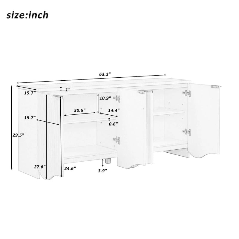 Vertical Stripes and Wavy Design of a Four-Door Cabinet Cabinet Suitable for Hallway, Entryway, Living Room