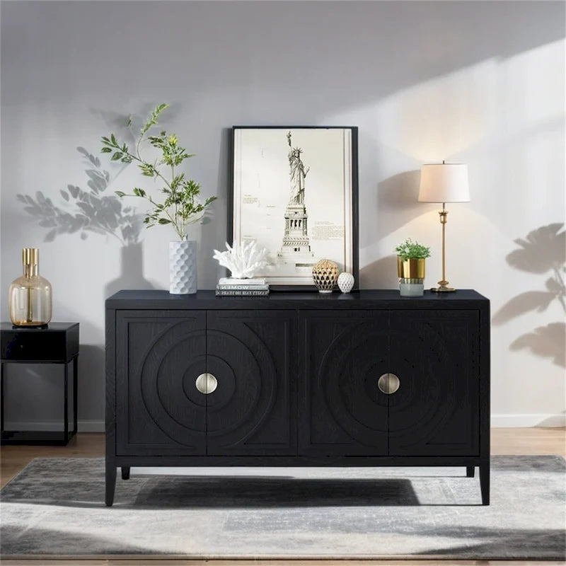 Retro Sideboard Door w/Circular Groove Design Round Metal Door Handle