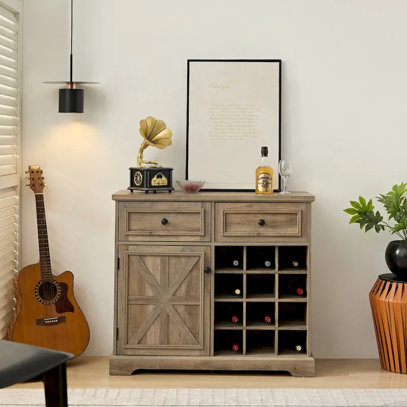 Farmhouse Buffet Cabinet with Storage Sideboard with 2 Drawers, Wine Bar Cabinet with Removable Wine Racks Storage Shelves