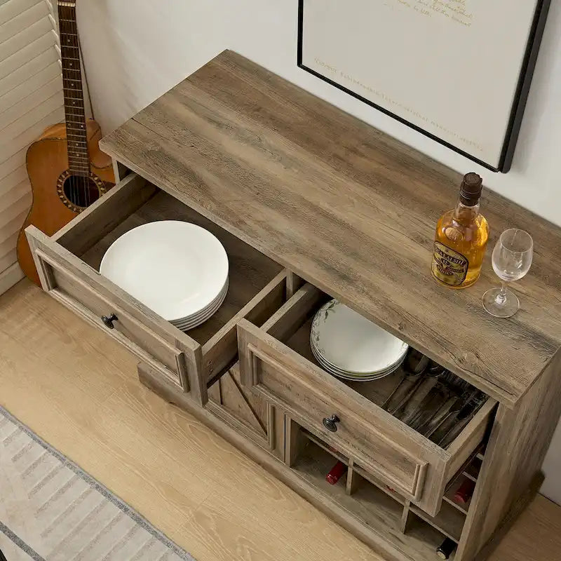 Farmhouse Buffet Cabinet with Storage Sideboard with 2 Drawers, Wine Bar Cabinet with Removable Wine Racks Storage Shelves