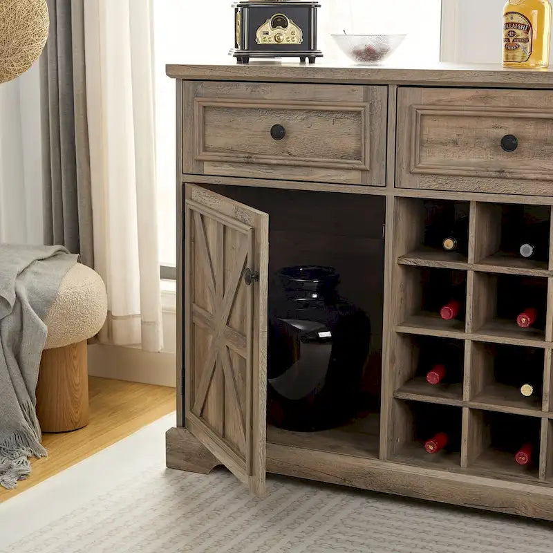 Farmhouse Buffet Cabinet with Storage Sideboard with 2 Drawers, Wine Bar Cabinet with Removable Wine Racks Storage Shelves