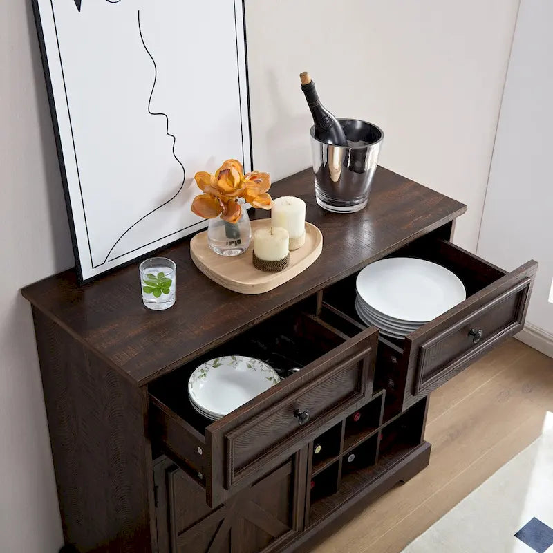 Farmhouse Buffet Cabinet with Storage Sideboard with 2 Drawers, Wine Bar Cabinet with Removable Wine Racks Storage Shelves