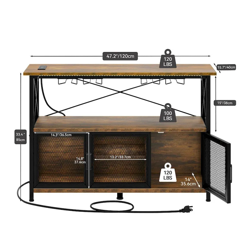 47 Wine Bar Cabinet with LED Lights Power Outlets Industrial Coffee Bar Cabinet - 47.2L x 15.7W x 33.4H
