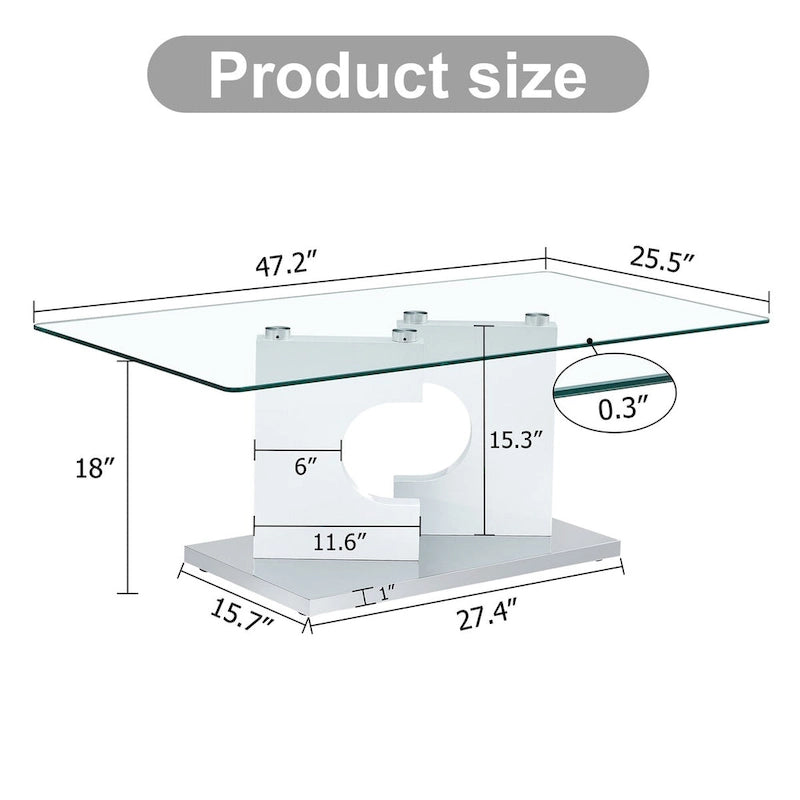 A rectangular modern and fashionable coffee table with tempered glass tabletop and white MDF legs