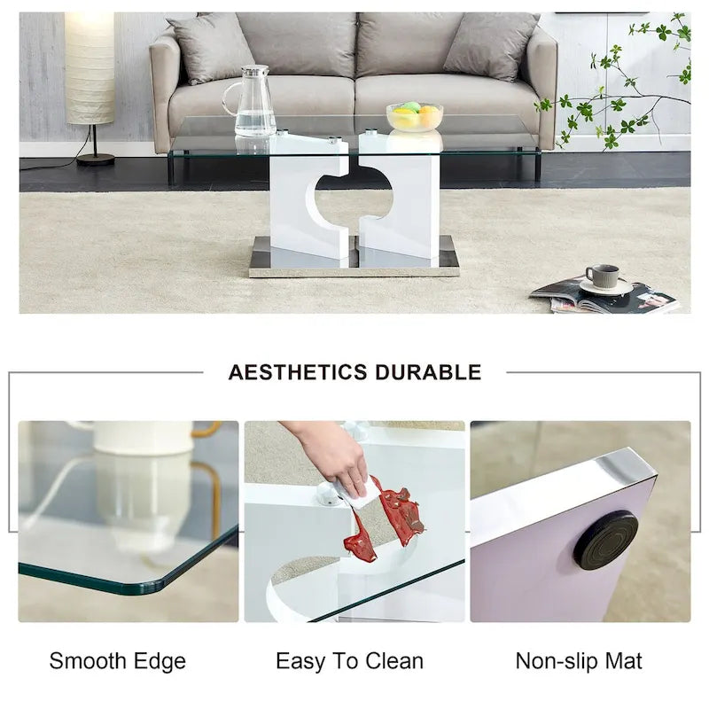 A rectangular modern and fashionable coffee table with tempered glass tabletop and white MDF legs