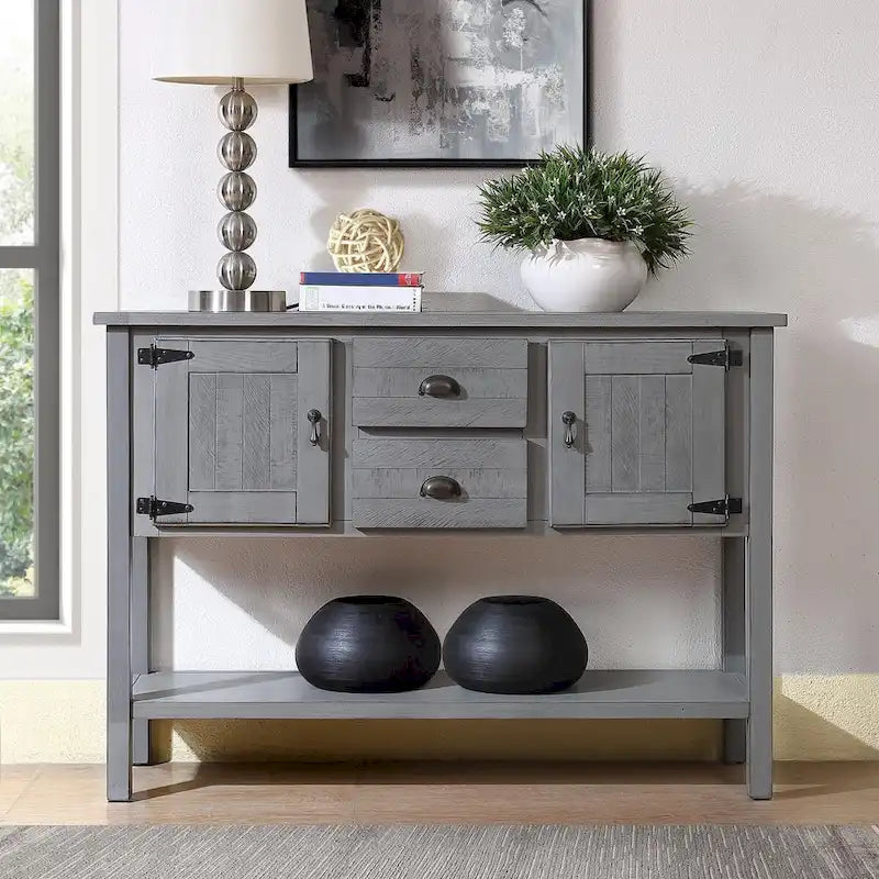 Console Table with 2 Drawers and Cabinets and Bottom Shelf, Retro Style Storage Dining Buffet Server Cabinet(Antique Gray)
