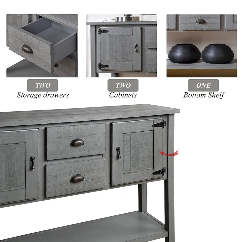 Console Table with 2 Drawers and Cabinets and Bottom Shelf, Retro Style Storage Dining Buffet Server Cabinet(Antique Gray)
